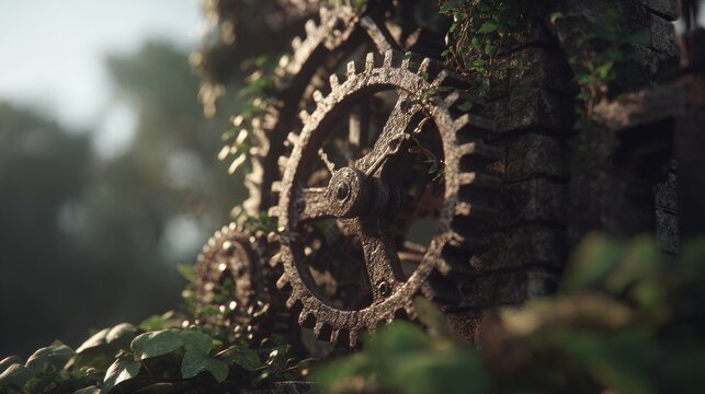 Rusty Industrial Gears Integrated With Nature's Growth
