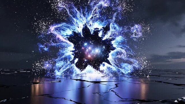 A large blue explosion occurs on cracked ground at night.