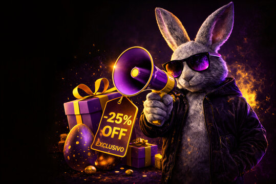 Coelho Promocional com Megafone e Desconto de P&aacute;scoa 25% OFF