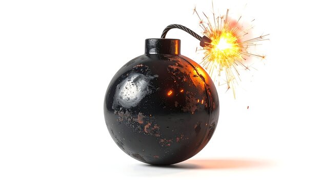A close-up view of a spherical, black explosive with a lit fuse sparking brightly, set against a pristine white backdrop