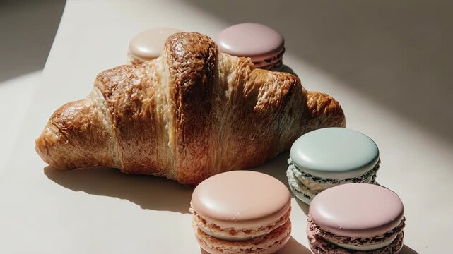 Croissant with macaroons in beige background advertisement video footage