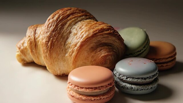 Croissant and macaroons on the plate sprinkles with sugar in black background