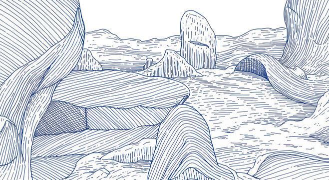 Ancient megalithic dolmen structure in a barren landscape.