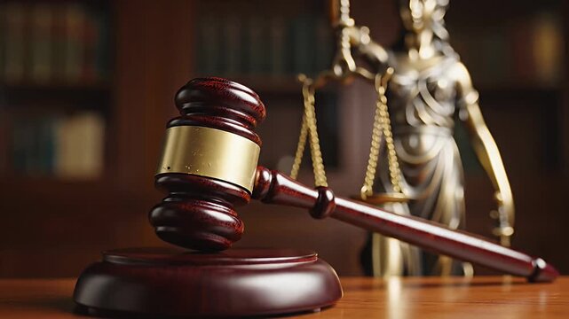 Wooden gavel and Lady Justice statue in legal office