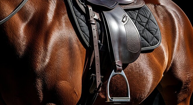 A close-up view of a brown horse wearing a black saddle and stirrup in a stable environment