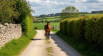 Fototapeta premium A cyclist rides down a rural road lined with hedges and stone walls through green countryside