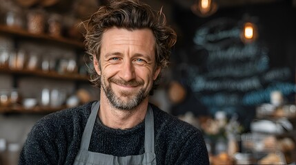 Fototapeta premium A smiling mature man with a beard confidently poses wea an apron in his small business while welcoming customers and displaying pride.