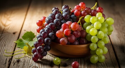 Three varieties of fresh, dew-kissed table grapes, red, purple, and green, presented beautifully in a wooden bowl.