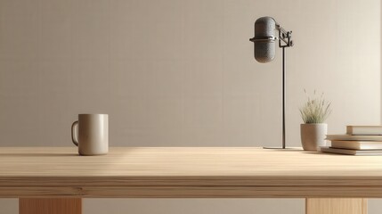 Obraz premium Minimalist Podcast Desk with Microphone and Accessories
