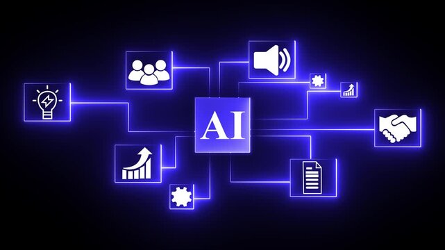 AI circuit- businessman working with virtual reality at office. AI Agents, Headlines Fast Scree international communication network concept. Multinational people community. 4k video
