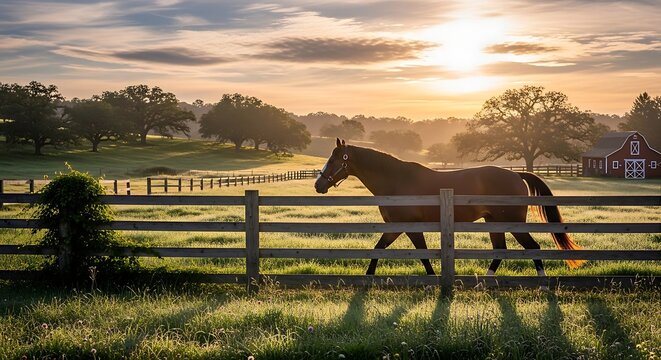 A horse runs freely in a green field at sunset near a farm