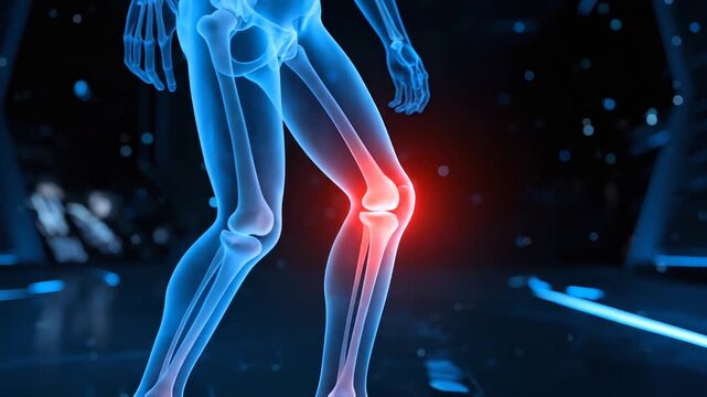 3D medical animation of a walking translucent human body with red glowing knee pain, orthopedic and joint inflammation concept