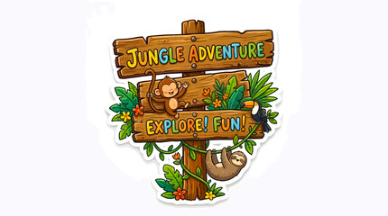 Fototapeta premium Jungle Adventure Explore Fun Sign with Animals