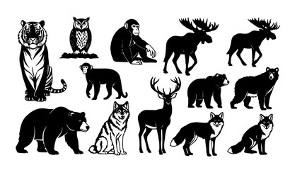 Wildlife animal silhouettes vector collection with tiger owl moose and monkey © Md