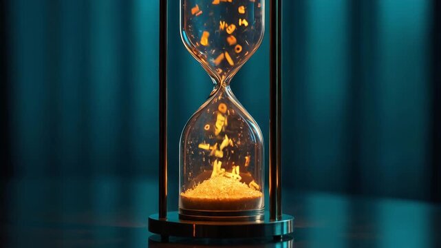発光する数字が流れる砂時計を机上に据え、時間とデータの概念を表現