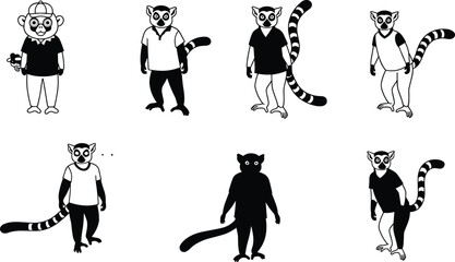 Lemur cartoon characters, primate poses, funny animals, wildlife behavior, vector illustration design set collection © Khaleda Creative