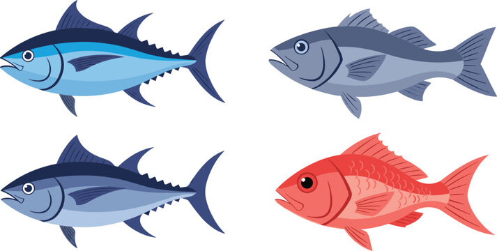 Collection of various fish species including bluefin tuna and red snapper in flat vector style for seafood market