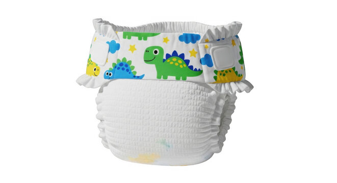 Cloth diaper with colorful dinosaur print elastic waistband and white absorbent core on plain background