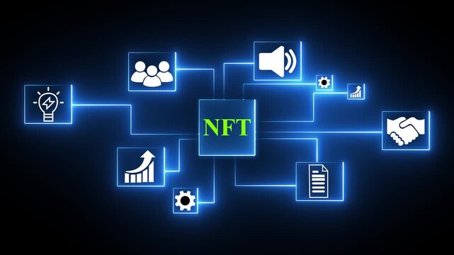 NFT cloud network connecting business handshake communication growth technology hacker and team icons digital concept neon glow on black background.4k video.