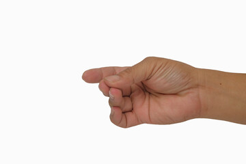 Close up gesture of three fingers touching each other isolated on white background.Copy space for text.For graphic design and banners