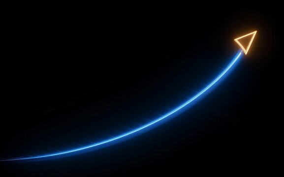 A glowing blue arrow with a golden tip points upward against a dark