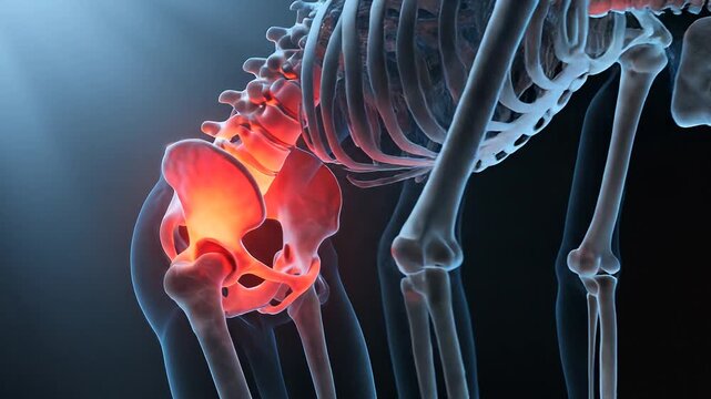 3D medical animation of a skeleton bent over in pain with red glowing lower back and hip, orthopedic and spine health concept.