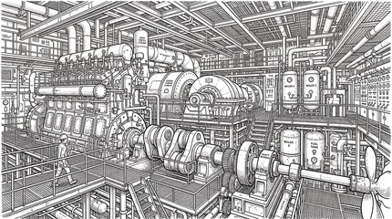 Obraz premium Detailed technical drawing of a large industrial engine room with complex machinery and massive crankshaft.