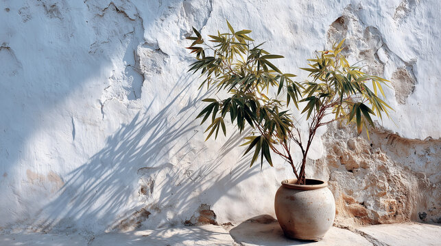 Potted Green Plant Against Textured White Wall with Sunlight Shadows