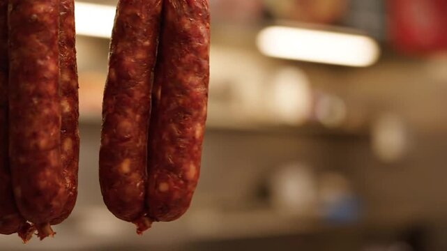 Close-up of cured meat links hanging in a food establishment