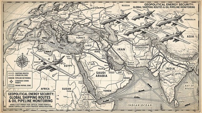 Geopolitical Energy Security Global Shipping Routes Oil Pipeline Monitoring Vintage Map.