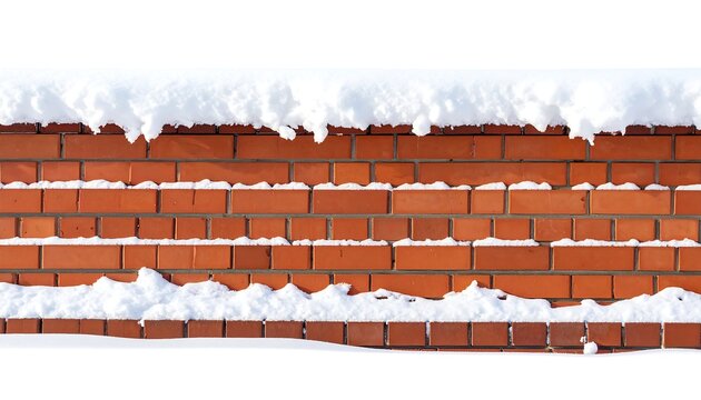 A close-up view of a brick wall, partially covered in snow at the top and bottom. The wall is red with white snow