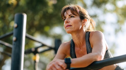 Middle-aged woman in athletic wear performing squats outdoors, demonstrating strength and fitness during workout session