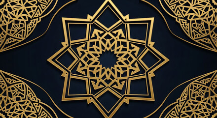 Intricate Golden Islamic Geometric Pattern on a Dark Blue Background, Luxurious Decorative Design