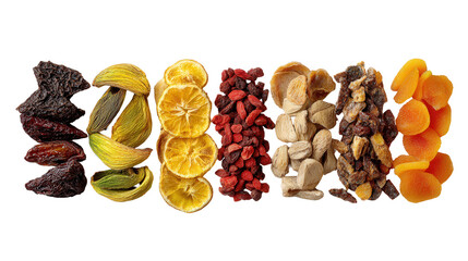 Obraz premium Healthy nuts and grains assortment arranged symmetrically isolated on white background