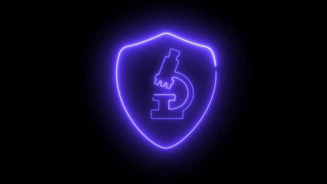 Neon light effect animation of an icon, a shield with a microscope inside
