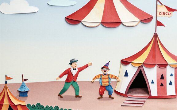 Circus scene with clown ringmaster and colorful tents under a striped
