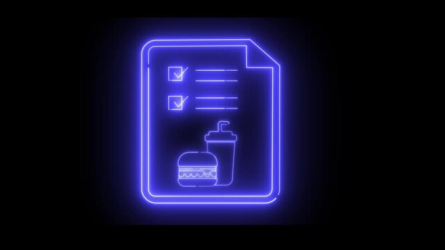 Animated document icon with fast food and neon light effect. Ideal for menus and orders.