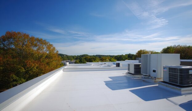 Modern flat roof with sleek white surface featuring rooftop air conditioning units and clear blue sky in the background