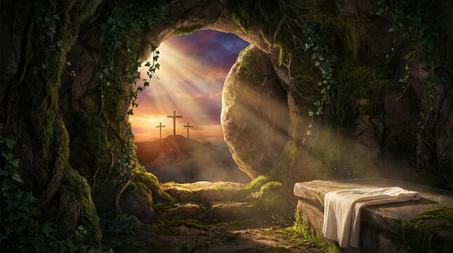 Empty tomb with sunlight rays, crosses on hill and white cloth