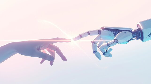 Human and robotic hands reach out to touch fingertips against a soft, gradient background, with light emanating from the point of contact, symbolizing connection and cooperation.