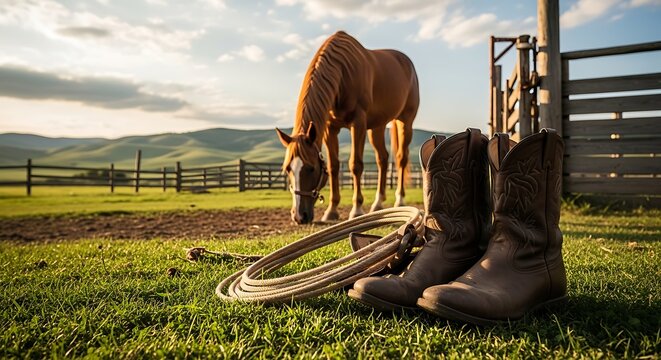 A horse grazes peacefully in a fenced green pasture with a rope and boots nearby on a sunny day.