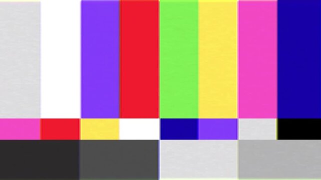 Vibrant colorful test pattern on a display screen, showcasing essential calibration bars for television signals and video equipment setup, symbolizing technical checks and broadcast readiness