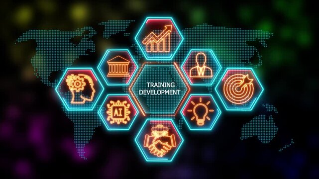 Glowing Neon training development concept animation. Business, Technology, Internet and network concept. Financial success concept on virtual screen. 4k