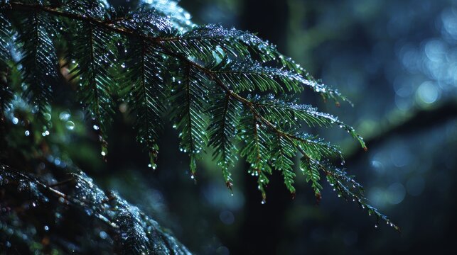 Close-up of a wet pine branch with water droplets