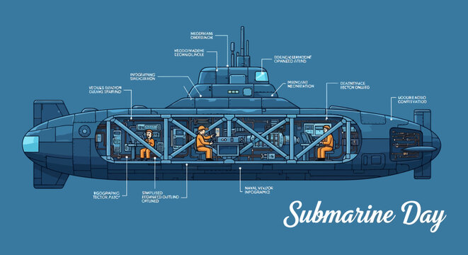 Detailed vector illustration of a submarine with labeled components on a blue background, celebrating Submarine Day with technical design elements.