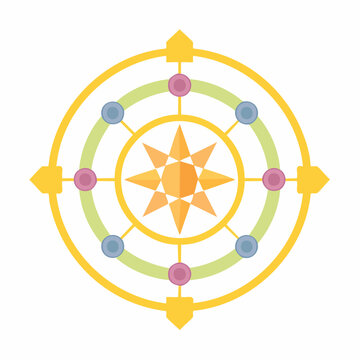 Abstract geometric starburst design with circular elements, vibrant colors