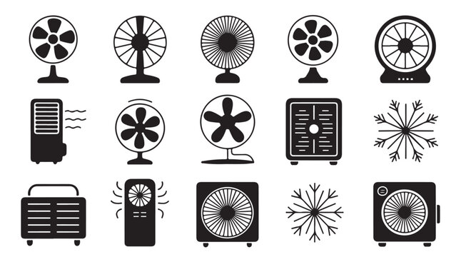 Various fan types and air cooling devices on white background