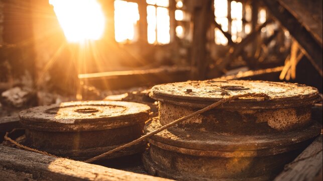 Abandoned factory machinery bathed in warm sunlight