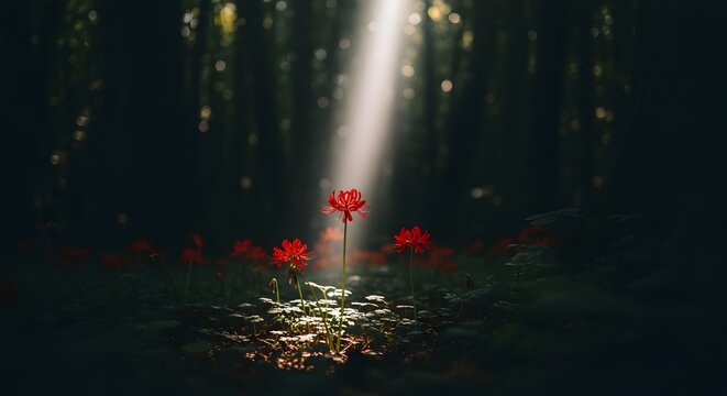 Bunga mawar merah  terpantul kan sinar didalam hutan