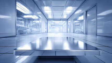 Obraz premium Sterile medical facility hallway with reflective floors and glass laboratory wall partitions 
